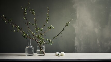  a couple of vases sitting on top of a table next to a vase with a plant in it and a ball of cotton on the side of the table.