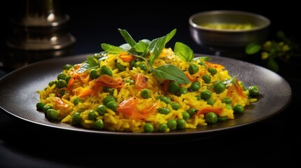 a close up of a plate of food with peas and carrots on a black plate with a silver spoon and a cup of sauce on the side of the plate.