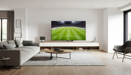 A football field in a living room with a television screen on the wall where a football match is broadcast.