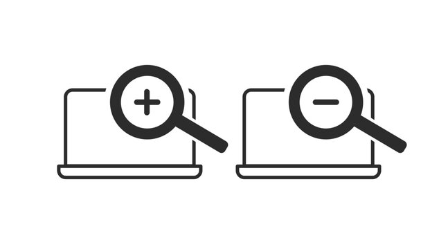 Laptop looking Icon. Vector isolated editable back and white illustration of a laptop with a magnifying glass sign