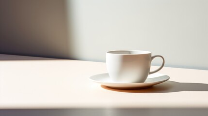  a white cup sitting on top of a saucer on top of a white table next to a cup on top of a saucer on top of a saucer.