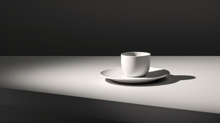  a white coffee cup sitting on top of a saucer on top of a white counter next to a white plate with a shadow on the side of the table.