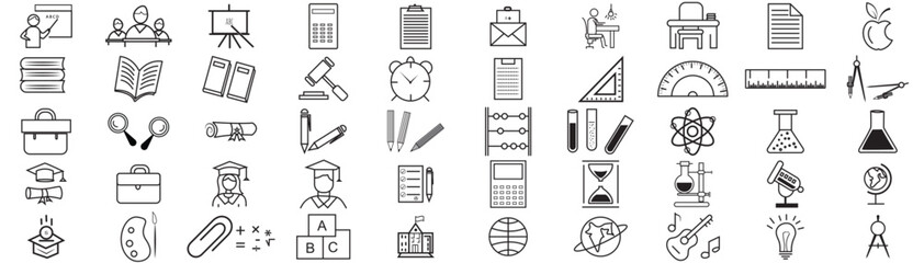 Set of 50 Education and Learning thin line icons. School, university, textbook, editable learning education icons. Education line icon set. Vector illustration - obrazy, fototapety, plakaty