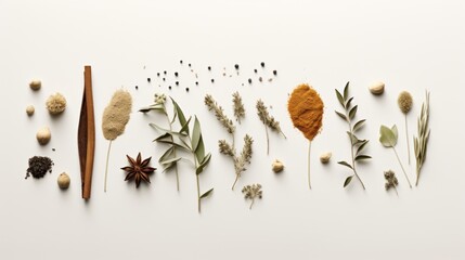  a variety of spices and herbs laid out on a white surface, with a wooden spoon in the middle of the image and a wooden spoon in the middle of the image. - obrazy, fototapety, plakaty