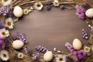 Obraz na płótnie Canvas Easter eggs in a nest with spring flowers on a wooden background. Postcard, banner
