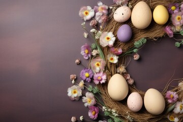 Naklejka na ściany i meble Easter eggs in a nest with spring flowers on a wooden background. Postcard, banner