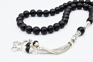 Oltu tespih tesbih, black and silver beads sequenced short rosary