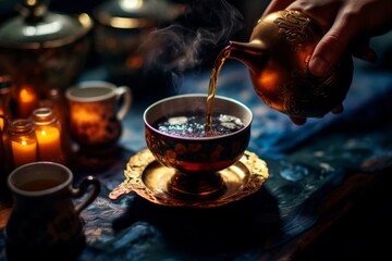 Pouring tea from a glass teapot into a glass cup on a dark background. Tea ceremony