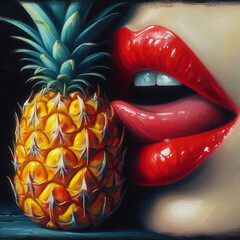 Girl mouth eating pineapple closeup on black background. Oil painting on canvas. - obrazy, fototapety, plakaty