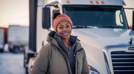 A female african american truck driver in front of her truck during winter