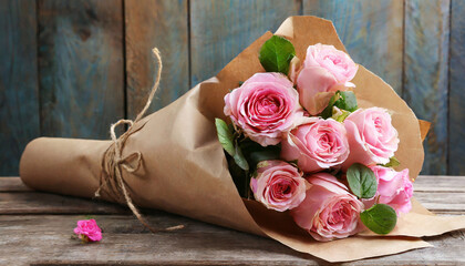 Bouquet of beautiful pink roses wrapped in craft paper on table