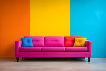 Rolgordijnen Colorful armchair on colorful wall trendy living room interior concept © YasumiHouse