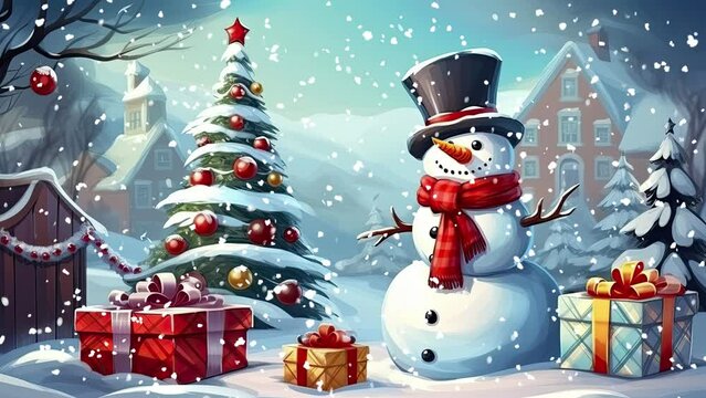 Animation of snowman and christmas tree in the snow
