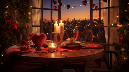 A cozy candlelit dinner setup with a heart-shaped centerpiece, creating a romantic ambiance for a memorable Valentine's Day celebration, portrayed in realistic HD