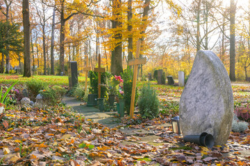 Kirchheim, Baden-Württemberg, Germany, November 22, 2023: Forest cemetery on a sunny fall day.