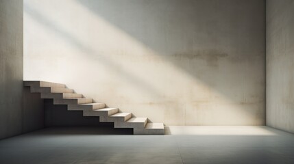  an empty room with a set of stairs leading up to the top of the stairs, with a bright light coming in from the window on the side of the wall.