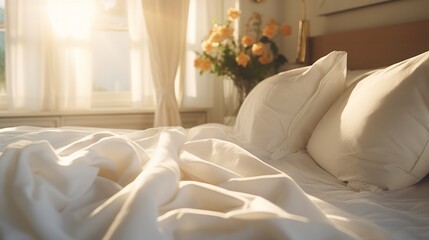 Bed Mattress and Pillows Mess up Bedroom in morning sunlight, White bedding sheets and pillow background, Messy bed after good sleep concept, with beautiful sunshine window and flowers on backgrounds. - obrazy, fototapety, plakaty