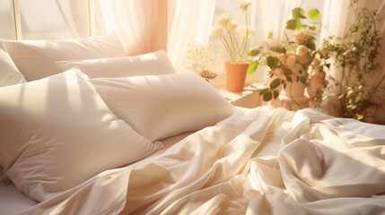 Fototapeta na wymiar Bed Mattress and Pillows Mess up Bedroom in morning sunlight, White bedding sheets and pillow background, Messy bed after good sleep concept, with beautiful sunshine window and flowers on backgrounds.