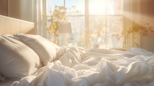 Bed Mattress and Pillows Mess up Bedroom in morning sunlight, White bedding sheets and pillow background, Messy bed after good sleep concept, with beautiful sunshine window and flowers on backgrounds.