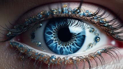  a close up of a person's eye with a blue and white eyeball in the center of the iris of the eye and a diamond - like pattern in the center of the iris of the iris of the eye.