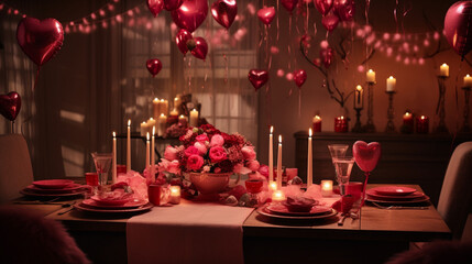 Arrange a heartwarming family dinner setup for Valentine's Day with charming decor, soft lighting, and delightful treats, all captured in high definition