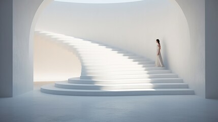  a woman in a white dress is standing on a set of stairs in a white room with white walls and a skylight in the middle of the room above her.