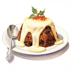 Digital watercolour of a Christmas pudding, topped with brandy butter and a sprig of holly. White background.