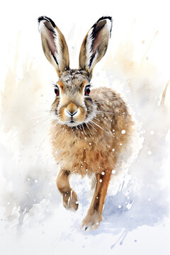 European hare, also known as a jackrabbit, running in the snow. Winter themed digital watercolour on white background.