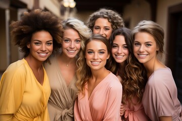 Fototapeta premium Group of smiling female models of different ethnicity wearing pastel colored clothes, Concept: cultural diversity and beauty of multi-ethnic women