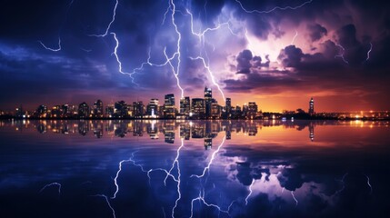  a view of a city with a lot of lightning in the sky and a lot of water in the foreground and a lot of clouds in the foreground.