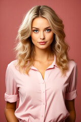 Woman with blonde hair and pink shirt on.