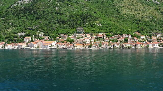 Aerial view of old Perast town in the Bay of Kotor - Boka Bay, Montenegro, 4k
