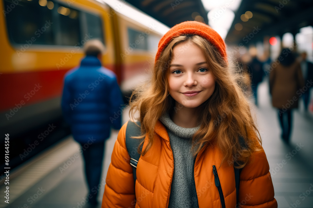 Poster woman with red hair standing in front of train.