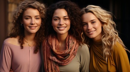 Fototapeta premium Group of smiling female models of different ethnicity wearing pastel colored clothes, Concept: cultural diversity and beauty of multi-ethnic women