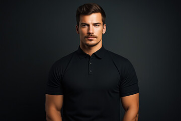 Man in black shirt posing for picture. - obrazy, fototapety, plakaty