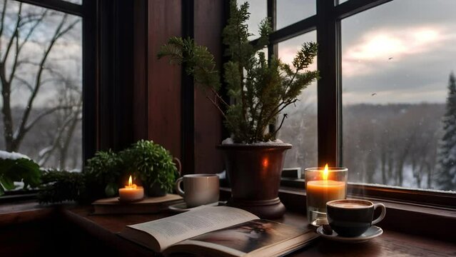 Cozy room with candle, book and coffee cup with steam on the desk. Snowflakes falling outside the window. Loop animation video, zoom backgrounds. Relax calmness and tranquil study warming atmosphere.
