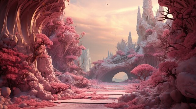  a digital painting of a fantasy landscape with pink trees and bushes and a bridge over a stream of water with a bridge in the middle of the picture and a pink sky.
