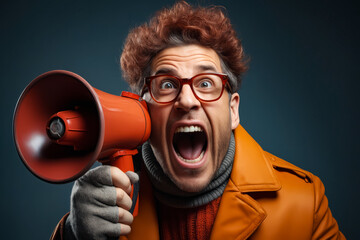 Man with glasses and red megaphone is screaming.