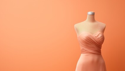 A headless mannequin in a one-shoulder peach fuzz dress against an peach fuzz background, creating a minimalist and stylish image. - obrazy, fototapety, plakaty