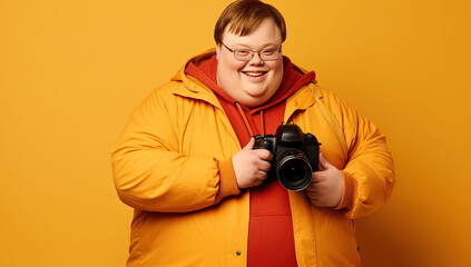A young man in an orange puffer jacket holds a camera and smiles against a yellow background. Down syndrome
