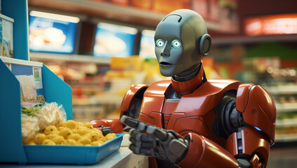A red robot looks at goods in a supermarket with surprise, indicating the interaction of artificial intelligence with the environment. - obrazy, fototapety, plakaty