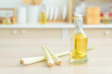 Aromatherapy concept. lemongrass essential oil. Bottles of lemongrass essential oil on table.