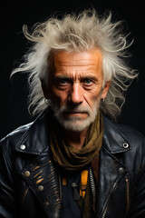 Man with white hair and leather jacket.
