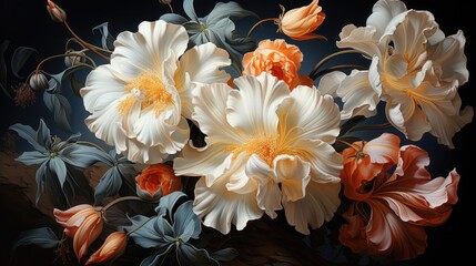  a close up of a bunch of flowers on a black background with orange, white, and blue flowers in the middle of the picture and the flowers in the middle of the picture.