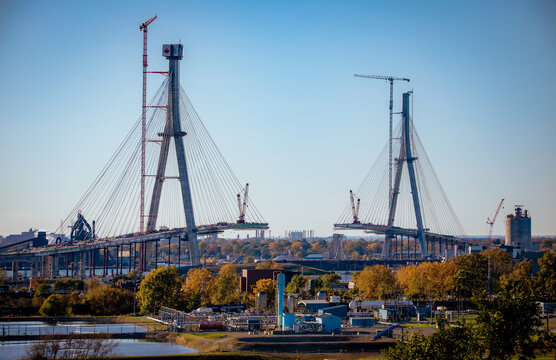 Windsor, Ontario Canada - October 22, 2023: Gordie Howe bridge under construction showing both support towers final height.