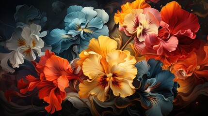  a close up of a bunch of flowers on a black background with red, yellow, blue, and white flowers in the middle of the petals and the petals.