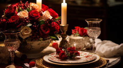 Obraz na płótnie Canvas Design an elegant Valentine's Day dinner for two with candlelight, fine china, and exquisite floral arrangements, all captured in HD for a sophisticated atmosphere