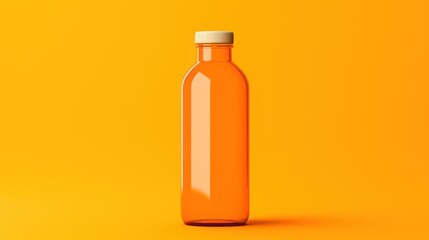  an orange glass bottle with a white cap on a yellow background with a shadow on the bottom of the bottle and a white cap on the top of the bottle.