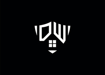 Real estate letter DW shield shape logo and house building vector template