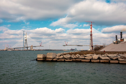 Windsor, Ontario Canada - November 23, 2023: Gordie Howe bridge under construction showing both support towers final height.